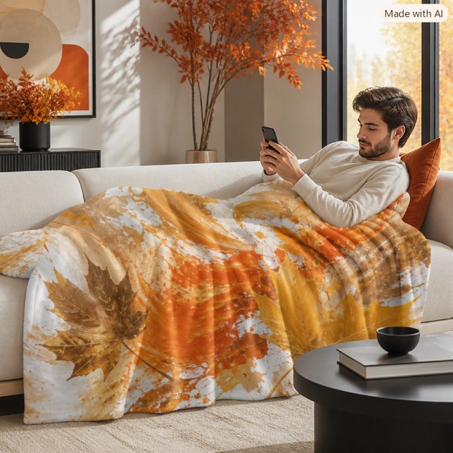 Abstract Autumn Falling Leaves Colourful Orange  Fleece Blanket (Creator Uploaded)
