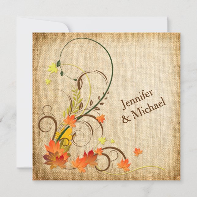 Abstract Autumn Leaves, Vines Wedding Invite 3 (Front)