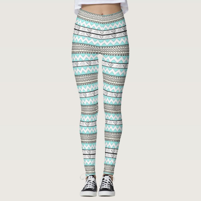 Abstract Aztec Mint Green Aqua Grey Pattern Leggings (Front)