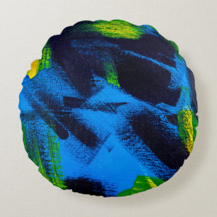 Abstract background. Acrylic black, yellow, blue, Round Cushion