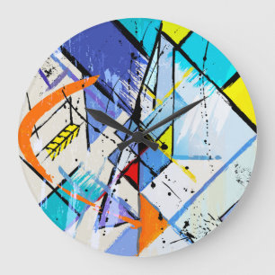 Abstract background, geometric lines, splashes. large clock