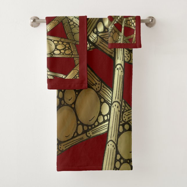 Abstract Bamboo & Bubbles Maroon Black & Gold Bath Towel Set (Insitu)