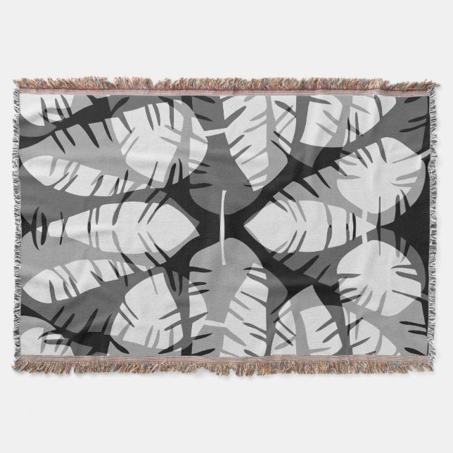 ABSTRACT BANANA LEAVES BLACK AND WHITE  THROW BLANKET (Front)