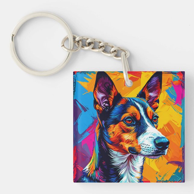 Abstract Basenji Dog Portrait Key Ring (Front)