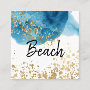 *~* Abstract Beach Blue Watercolor  Gold Glitter Square Business Card
