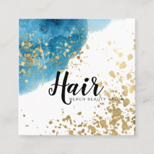 *~* Abstract Beach Blue Watercolor  Gold Glitter Square Business Card