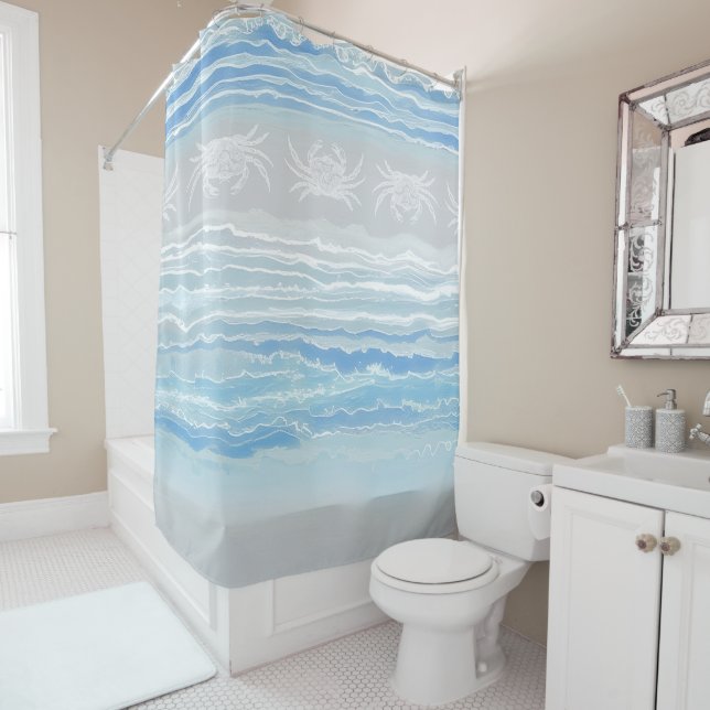Abstract Beach Crab Blue Warm Grey Design 292 Shower Curtain (In Situ)
