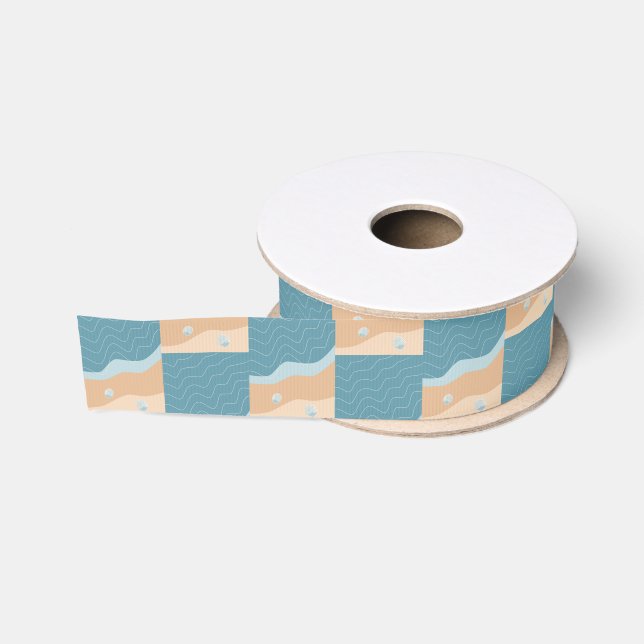 Abstract Beach Pattern Wave Lines Blue Sand Shells Grosgrain Ribbon (Spool)