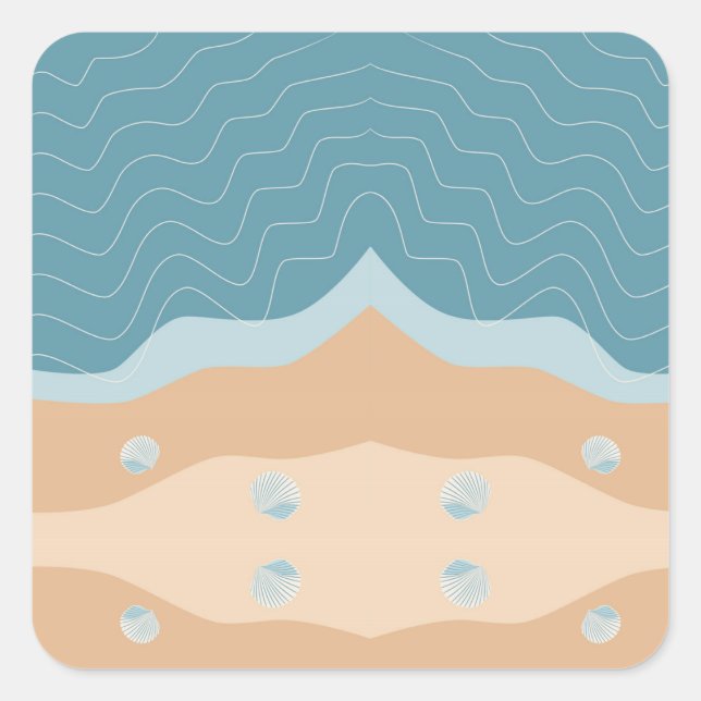 Abstract Beach Pattern Wave Lines Blue Sand Shells Square Sticker (Front)