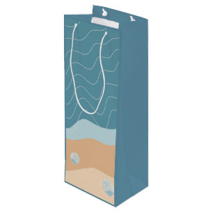 Abstract Beach Pattern Wave Lines Blue Sand Shells Wine Gift Bag