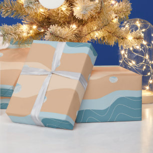 Abstract Beach Pattern Wave Lines Blue Sand Shells Wrapping Paper