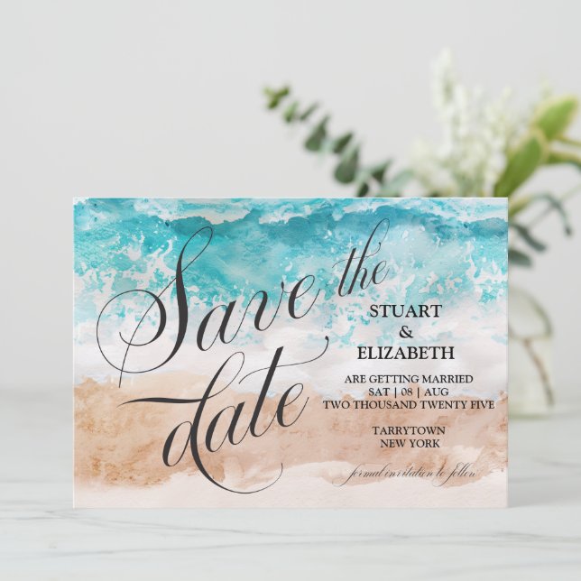 Abstract Beach Watercolor Calligraphy Wedding  Save The Date (Standing Front)