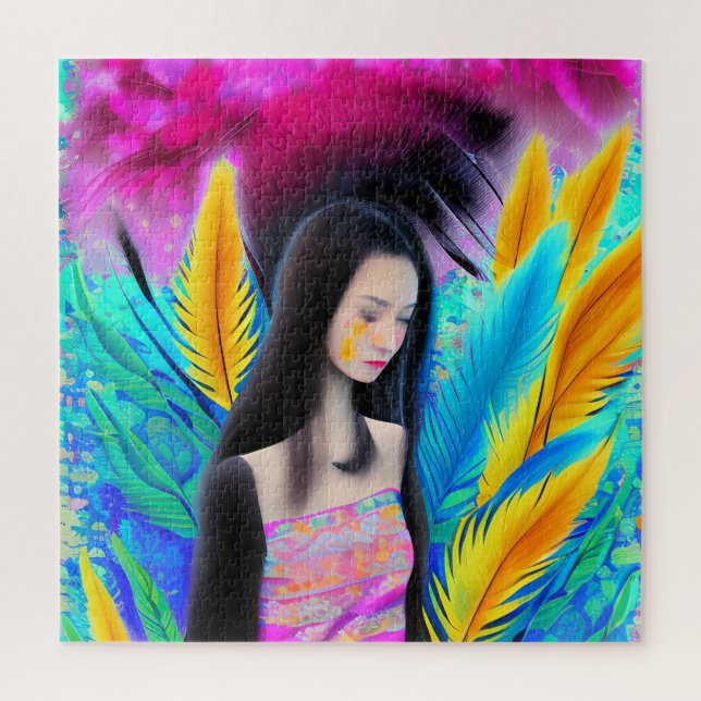 Abstract Beautiful but Sad Asian Girl Colourful AI Jigsaw Puzzle (Vertical)