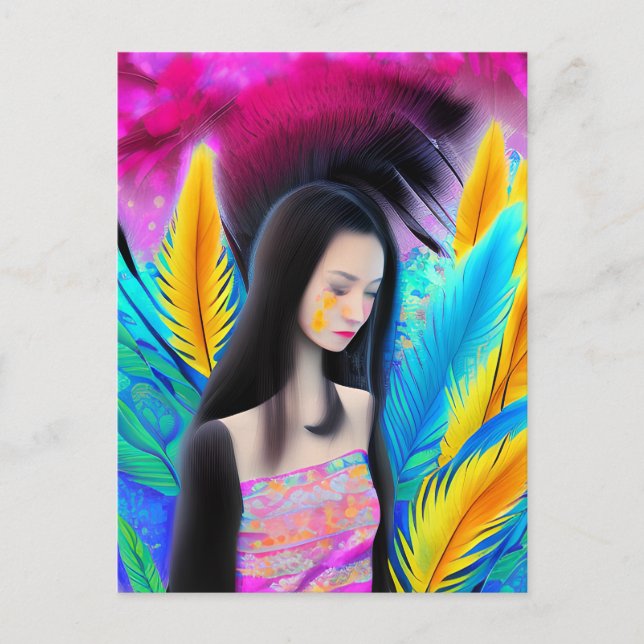 Abstract Beautiful but Sad Asian Girl Colourful AI Postcard (Front)