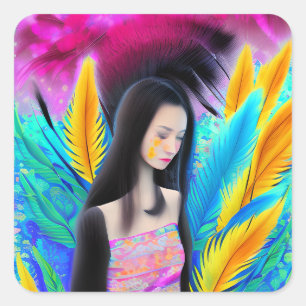 Abstract Beautiful but Sad Asian Girl Colourful AI Square Sticker
