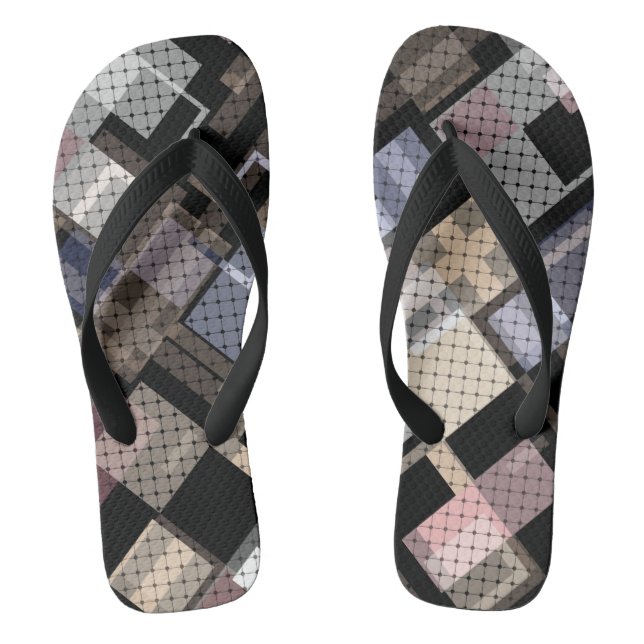 Abstract, beige, black, plaid flip flops (Footbed)