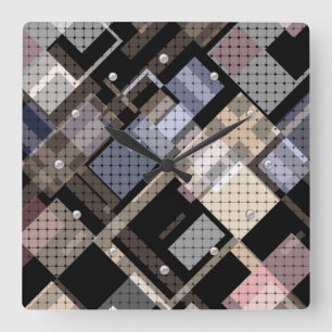 Abstract, beige, black, plaid square wall clock