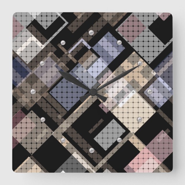 Abstract, beige, black, plaid square wall clock (Front)
