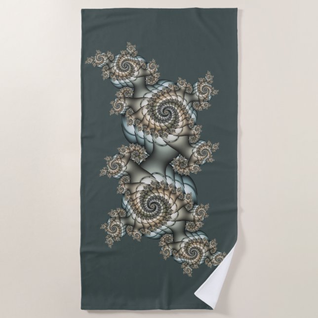 Abstract Beige Light Blue Fractal Art Spirals Beach Towel (Front)