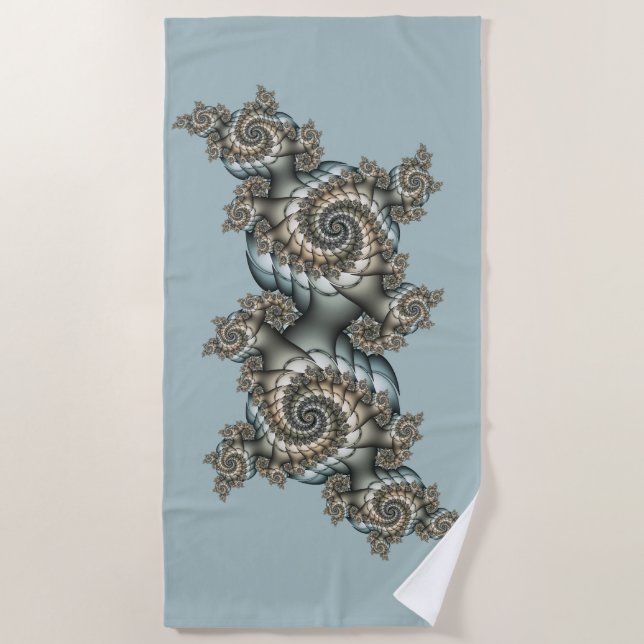 Abstract Beige Light Blue Fractal Art Spirals Beach Towel (Front)
