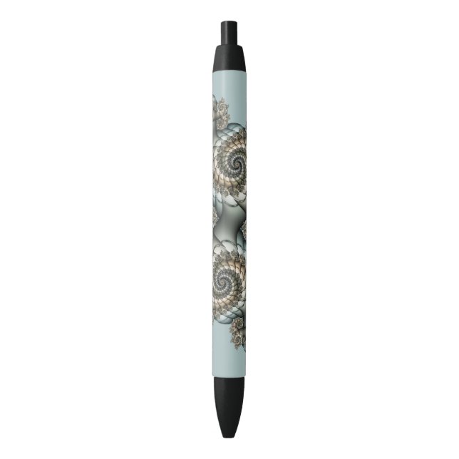Abstract Beige Light Blue Fractal Art Spirals Black Ink Pen (Front Vertical)