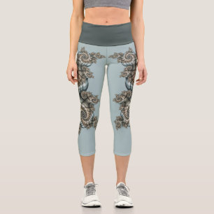 Abstract Beige Light Blue Fractal Art Spirals Capri Leggings