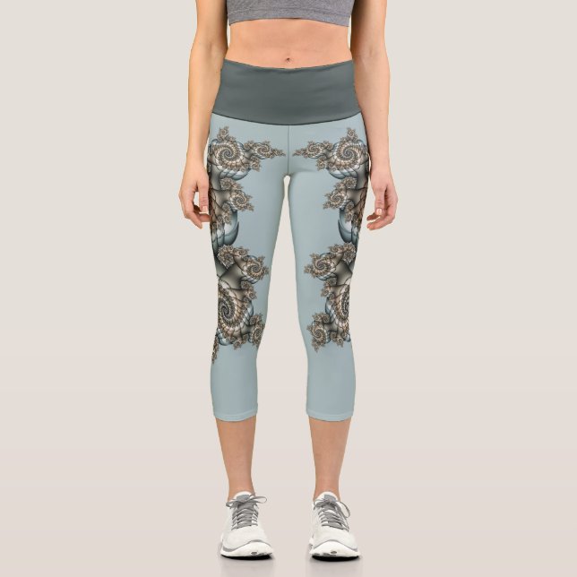 Abstract Beige Light Blue Fractal Art Spirals Capri Leggings (Front)