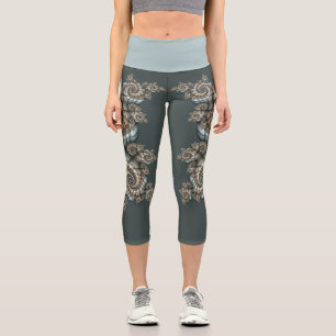 Abstract Beige Light Blue Fractal Art Spirals Capri Leggings