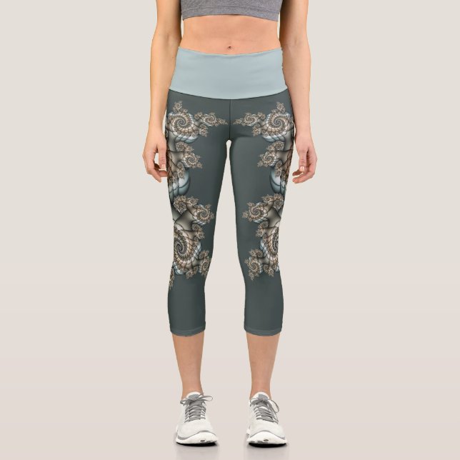 Abstract Beige Light Blue Fractal Art Spirals Capri Leggings (Front)