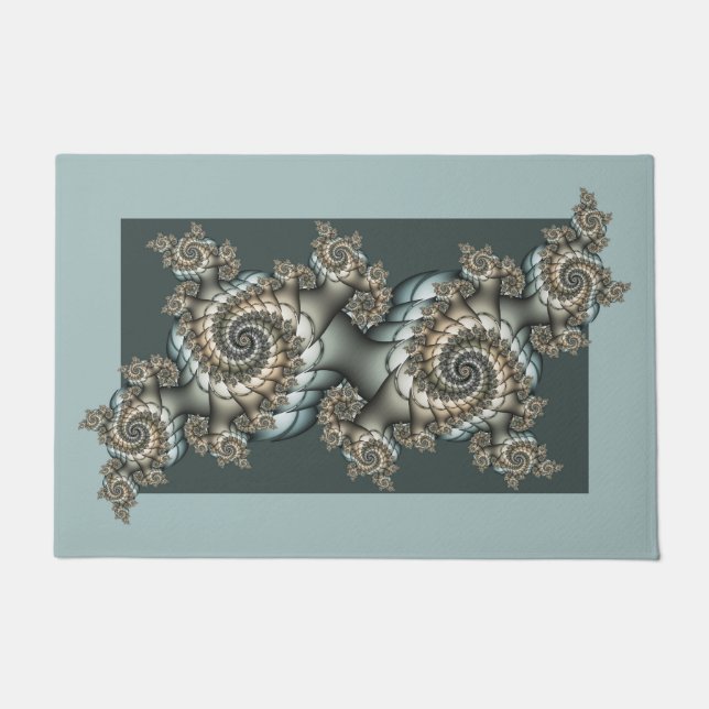 Abstract Beige Light Blue Fractal Art Spirals Doormat (Front)