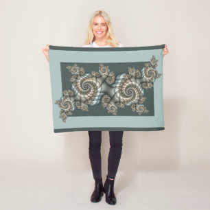 Abstract Beige Light Blue Fractal Art Spirals Fleece Blanket