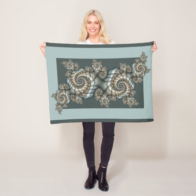 Abstract Beige Light Blue Fractal Art Spirals Fleece Blanket (In Situ)