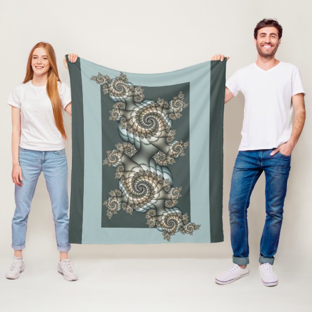 Abstract Beige Light Blue Fractal Art Spirals Fleece Blanket (In Situ)