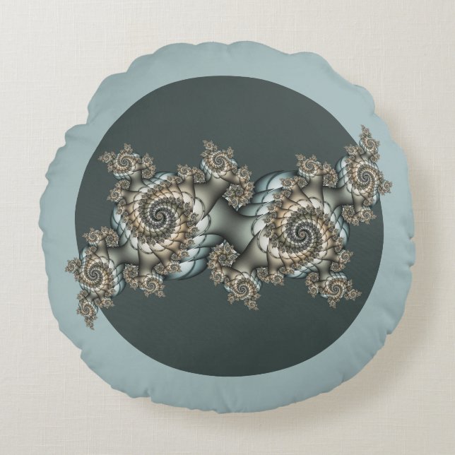 Abstract Beige Light Blue Fractal Art Spirals Round Cushion (Front)