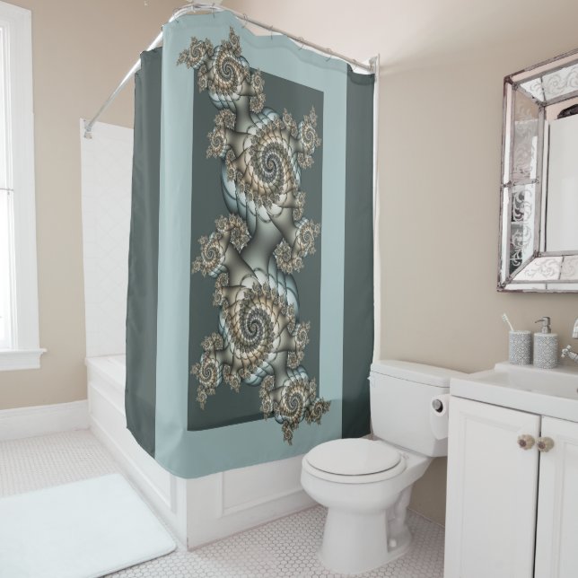 Abstract Beige Light Blue Fractal Art Spirals Shower Curtain (In Situ)