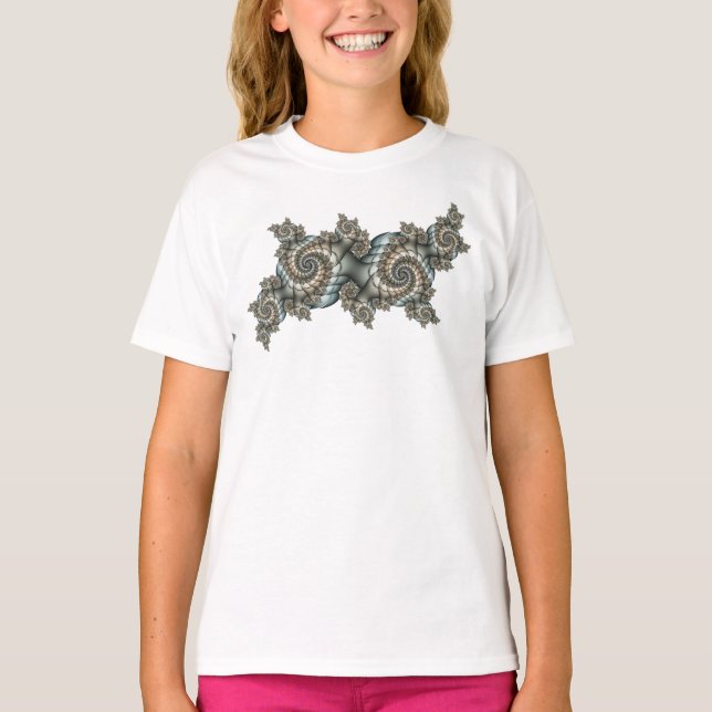Abstract Beige Light Blue Fractal Art Spirals T-Shirt (Front)