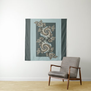 Abstract Beige Light Blue Fractal Art Spirals Tapestry