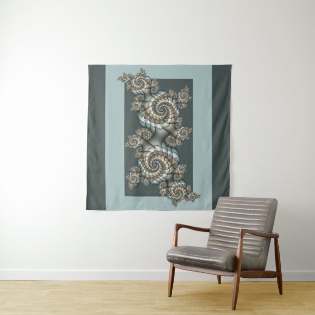 Abstract Beige Light Blue Fractal Art Spirals Tapestry (In Situ)