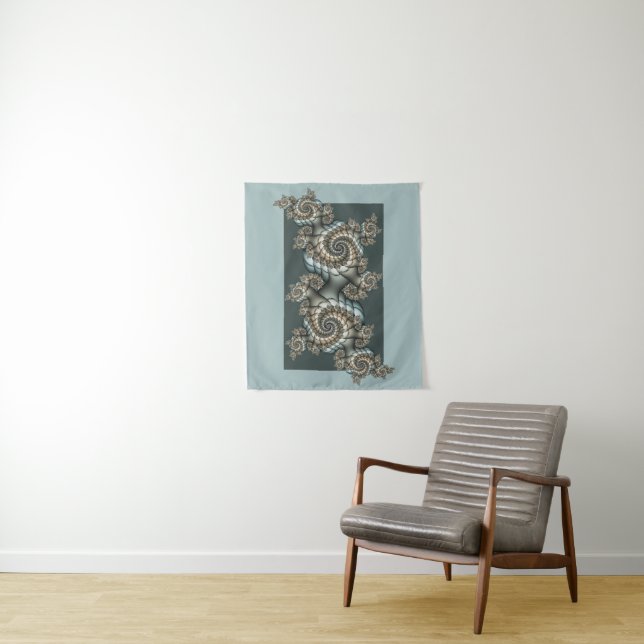 Abstract Beige Light Blue Fractal Art Spirals Tapestry (In Situ)