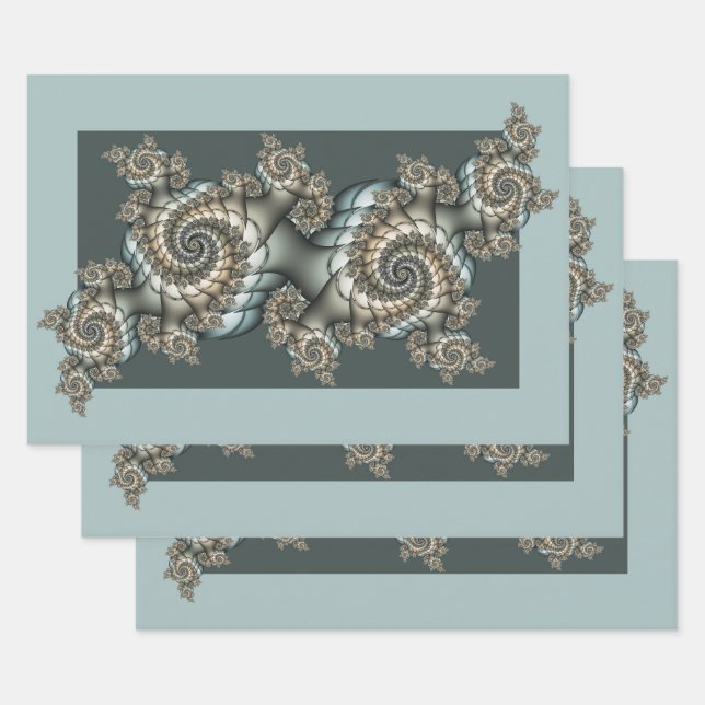 Abstract Beige Light Blue Fractal Art Spirals Wrapping Paper Sheet (Set)