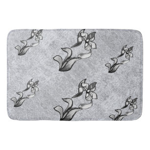 Abstract big black white neon flowers on silver bath mat