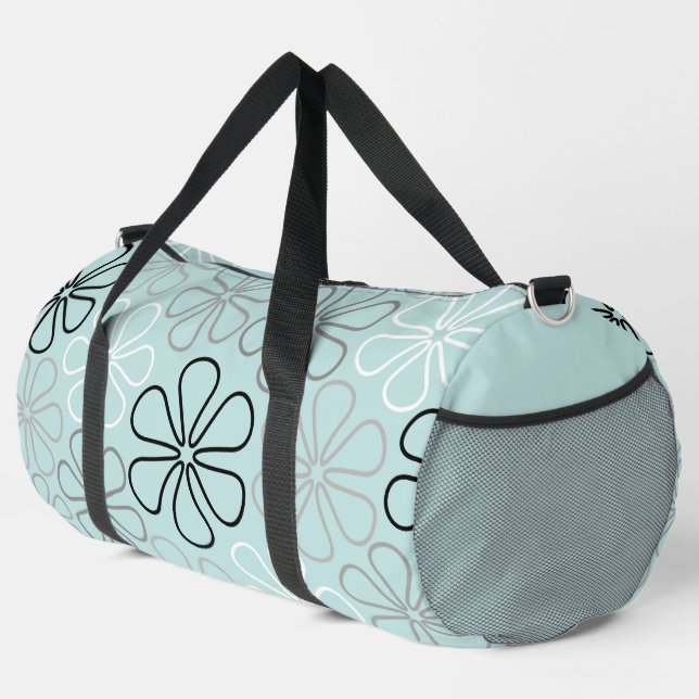 Abstract Big Flower Outlines BWG+Duck Egg Blue Duffle Bag (Right Corner)