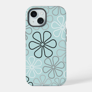 Abstract Big Flower Outlines BWG+Duck Egg Blue iPhone 15 Case