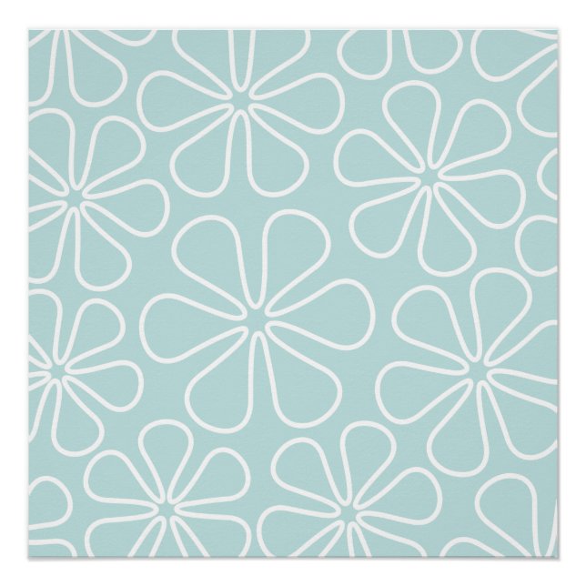 Abstract Big Flowers White on Duck Egg Blue Poster (Front)