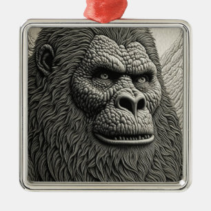 Abstract Bigfoot in Black and White Ai Art Metal Tree Decoration