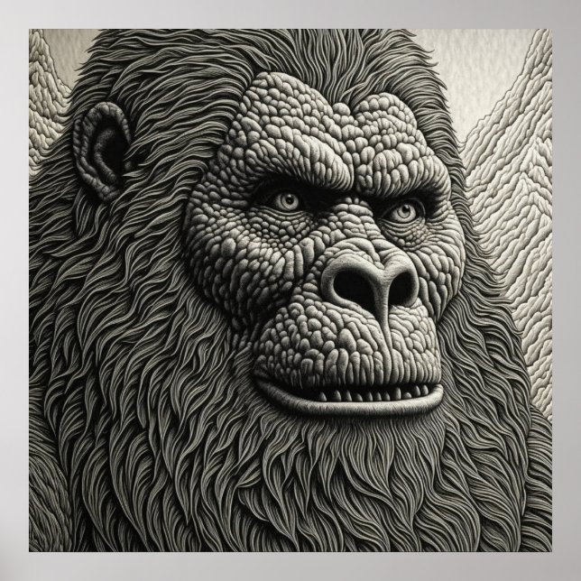 Abstract Bigfoot in Black and White Ai Art Poster (Front)