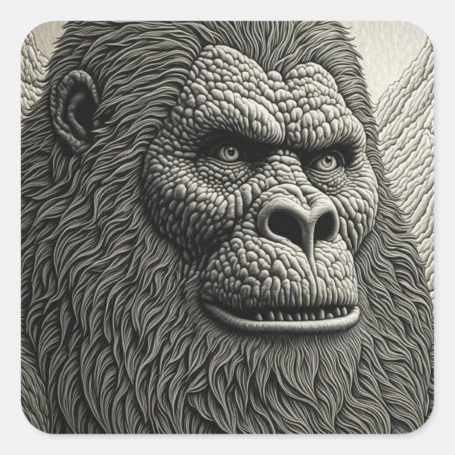 Abstract Bigfoot in Black and White Ai Art Square Sticker (Front)