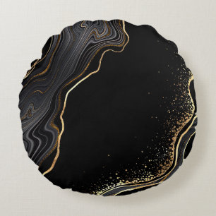 abstract black agate background with golden veins, round cushion