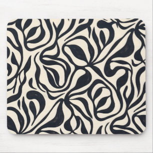 Abstract Black and Cream Botanical Leaves Pattern Mouse Mat