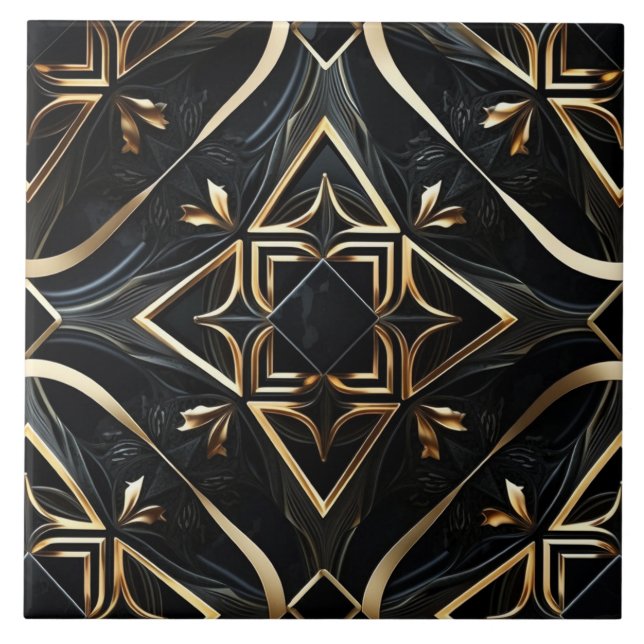 Abstract Black and Gold - Modern Geometric Art Tile (Front)